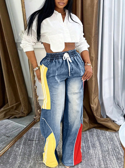 Drawstring High Waist Color Block Jeans