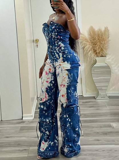 Strapless Color Paint Cargo Denim Jumpsuit