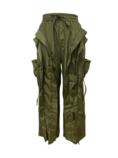 Ruffle Trim Drawstring Wide Leg Pants