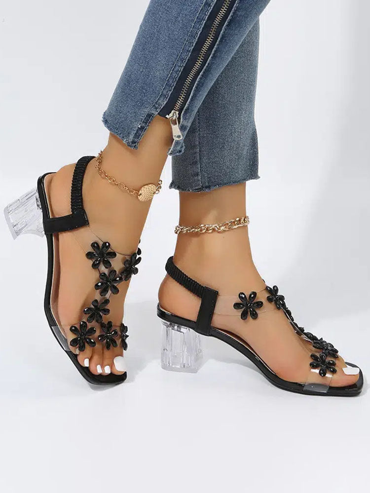 Rhinestone Patchwork Chunky Open Toe Heel