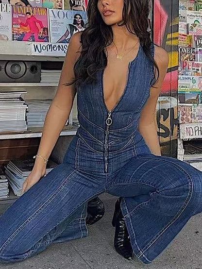 Sleeveless Zip Heart Cutout Denim Jumpsuit