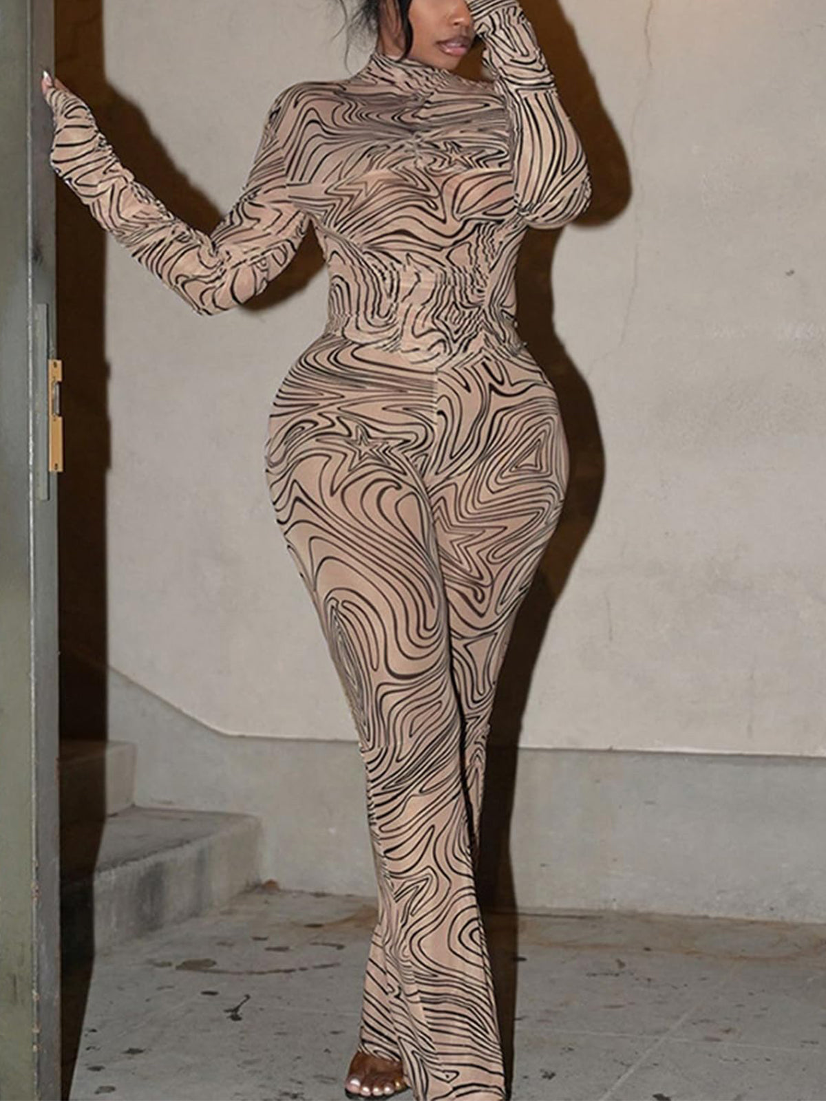 Mesh Turtleneck Crop Top Flared Pant Sets