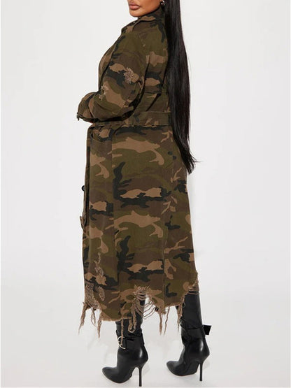 Distressed Camouflage Long Trench Coat