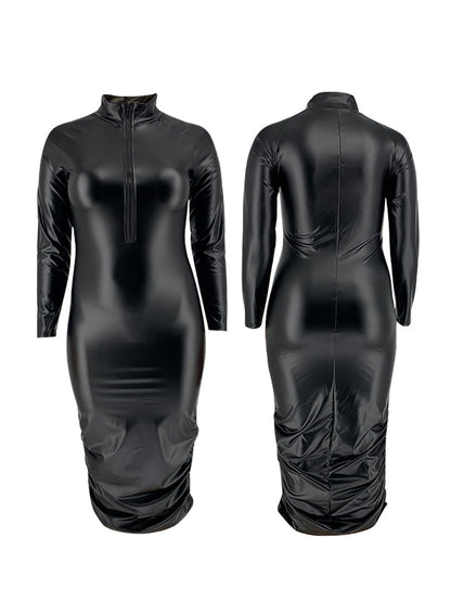 Plus Size Long Sleeve Zipper PU Dress