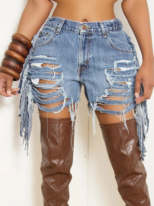 High Waist Distressed Fringe Denim Shorts