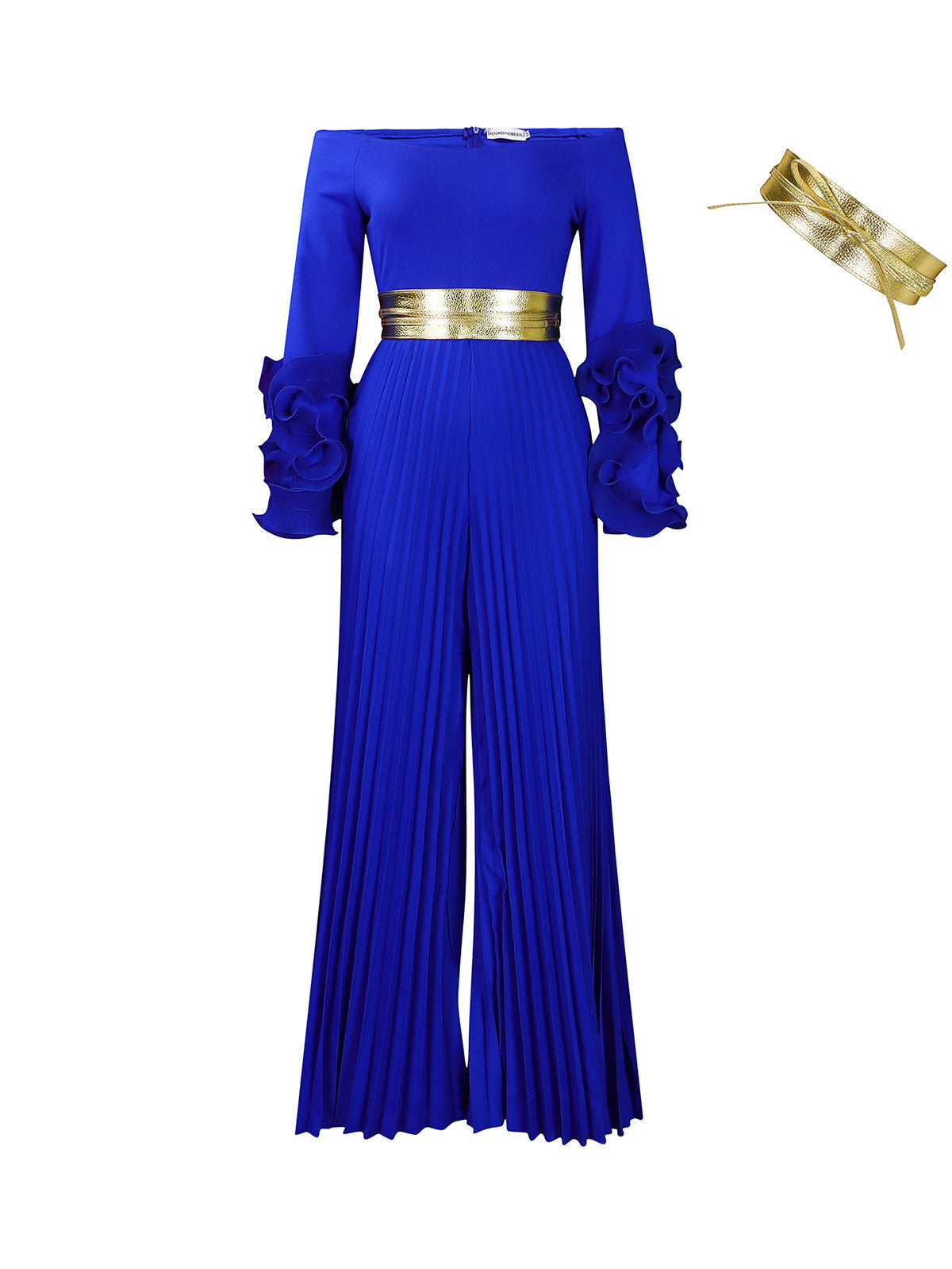 Off-Shoulder Ruffle Pleated Wide Leg Jumpsuit