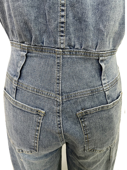 Sleeveless Button Denim Wide Leg Jumpsuit