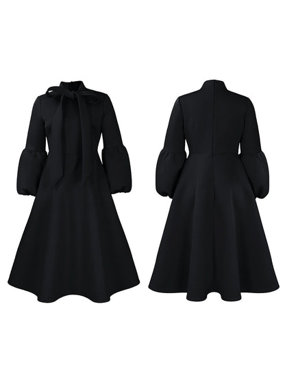 Puff Sleeve Bow-Tie Neck Flared Midi Dress