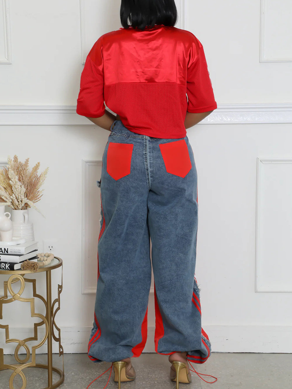 Stripe Patchwork Drawstring Denim Pants