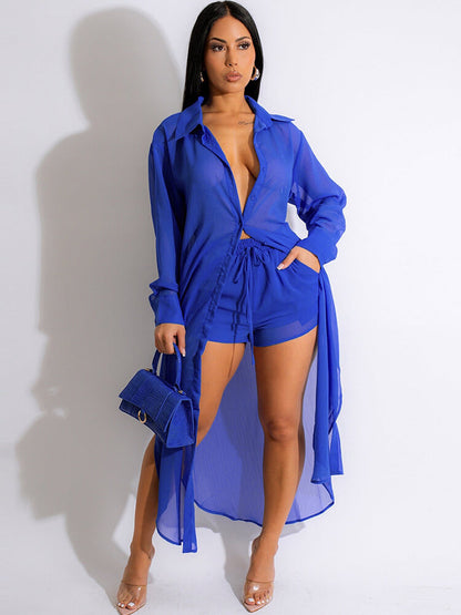 Tops y pantalones cortos de manga larga de gasa de dos piezas