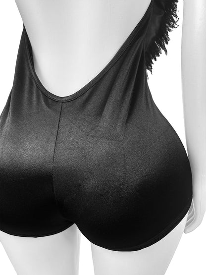 Backless Halter Faux Fur Trim Romper