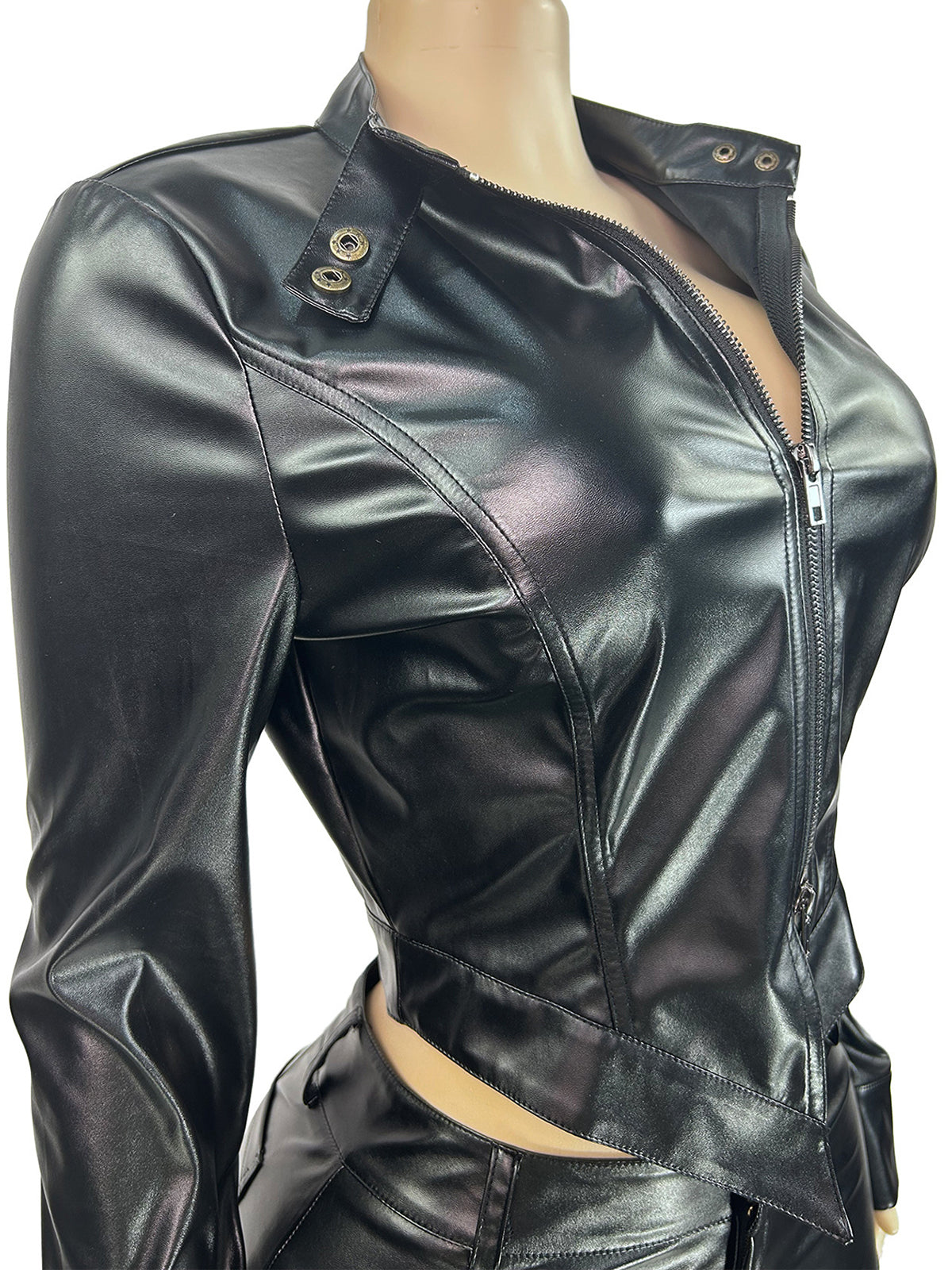 Two Pieces PU Zipper Crop Jacket Shorts Set