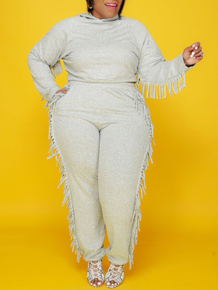 Two Pieces Plus Size Fringe Hooded Tracksuit