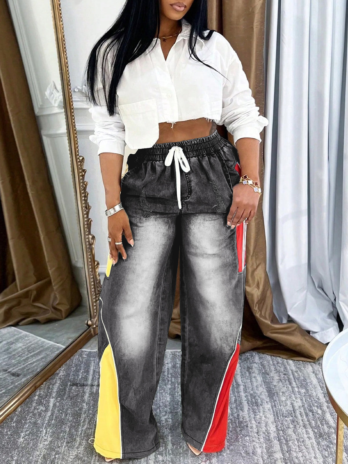 Drawstring High Waist Color Block Jeans