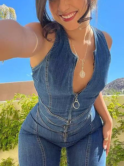 Sleeveless Zip Heart Cutout Denim Jumpsuit