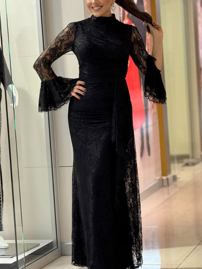 Lace Ruffle Flared Sleeve Maxi Dress