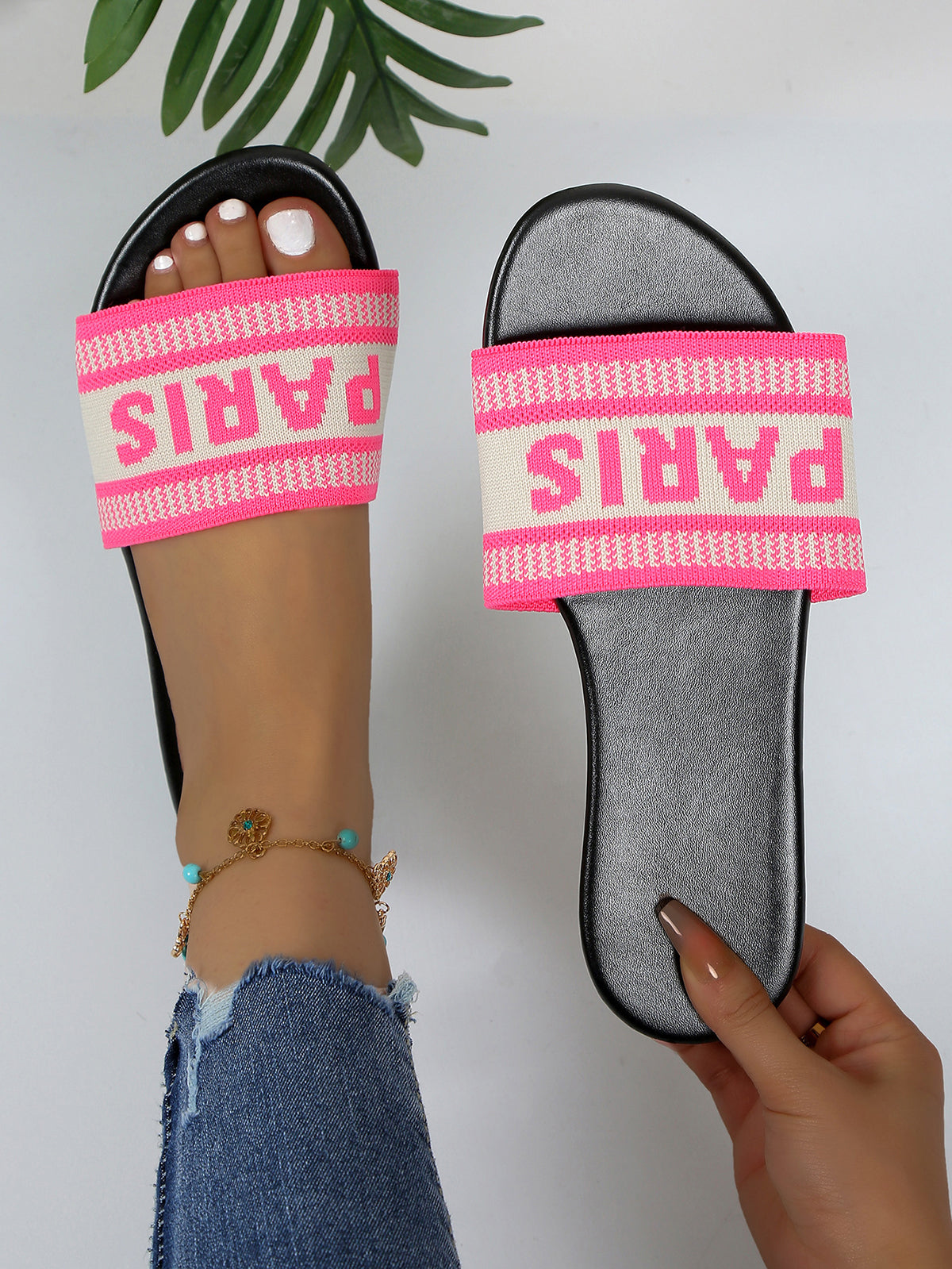 Paris Letter Knit Band Slide Sandals