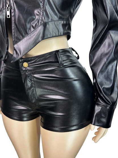 Two Pieces PU Zipper Crop Jacket Shorts Set