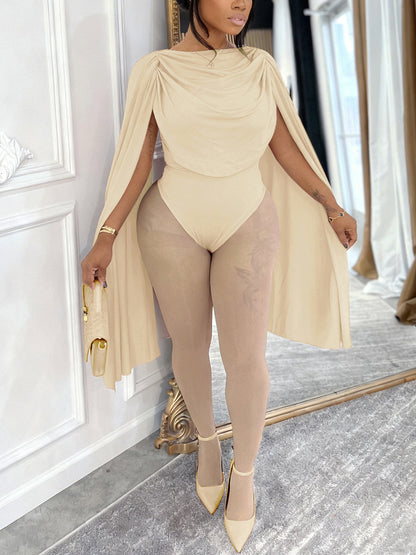 Draped Round Neck Cape Sleeve Romper