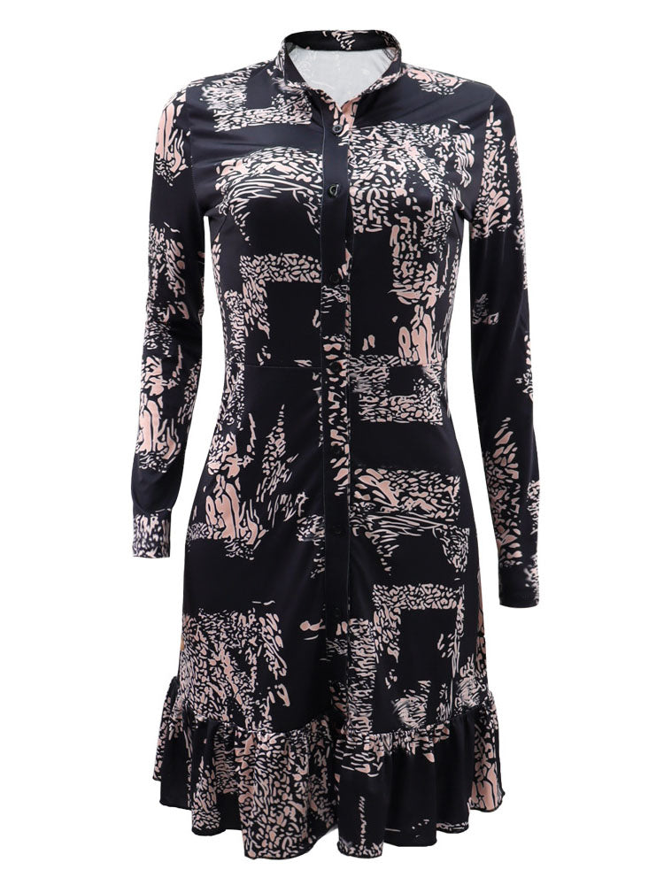 Long Sleeve Ruffle Hem Print Mini Dress