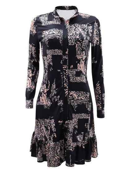 Long Sleeve Ruffle Hem Print Mini Dress