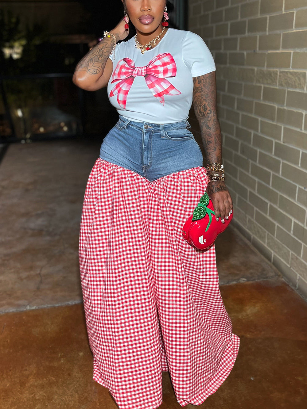 Bow Tie Print Top Denim Plaid Wide-Leg Pants Sets