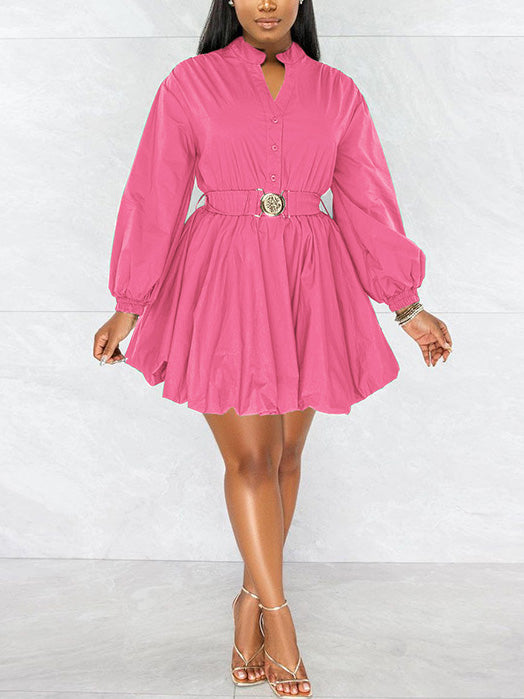 Stand Collar Long Sleeve A-line Mini Dress