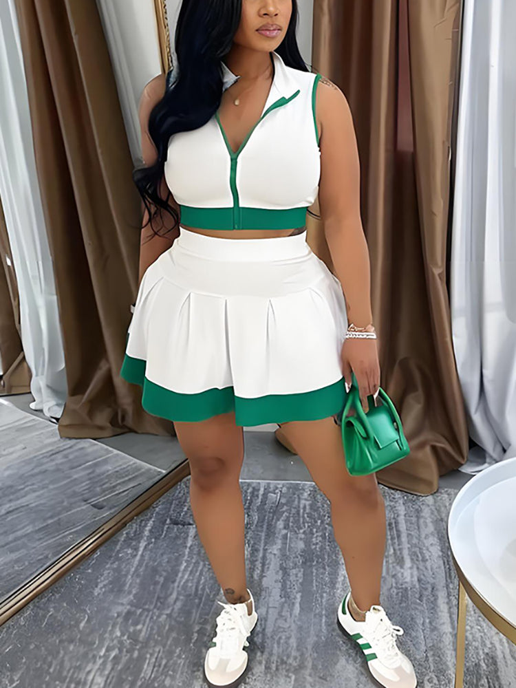 Sleeveless Zip-Up Crop Top Pleated Skirt Set