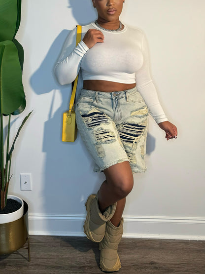 Distressed Patchwork Denim Shorts