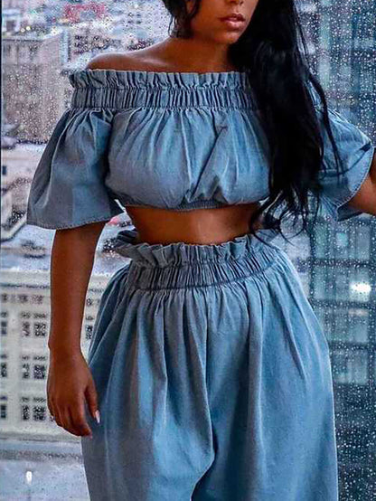 Off Shoulder Denim Top Wide Leg Pants Set
