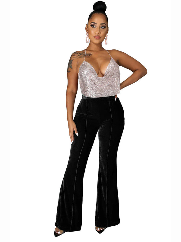 Velvet High Waist Flare Long Pants