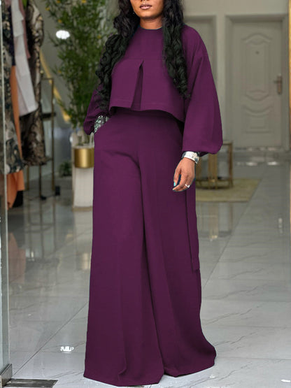 Plus Size Lantern Sleeve Wide Leg Pants Set