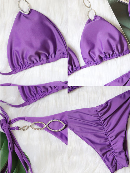 Conjunto de traje de baño monocromático con detalles de diamantes de imitación de metal 