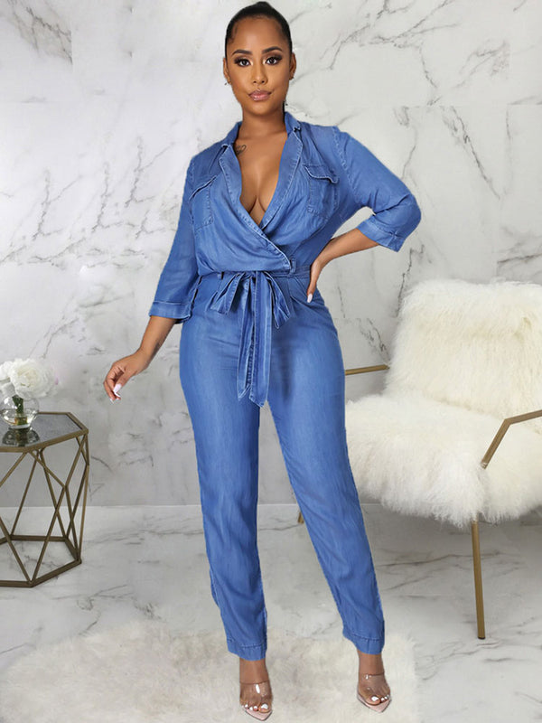 Denim Print Slim Fit Belted Jumpsuit