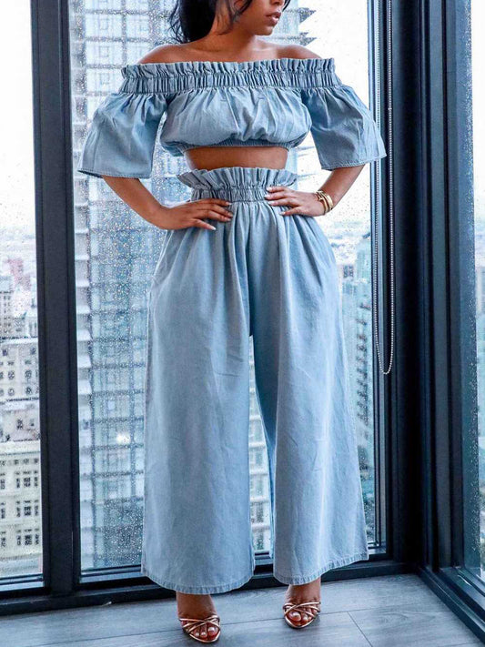 Off Shoulder Denim Top Wide Leg Pants Set