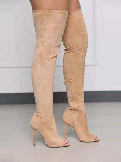Open-Toe Side Zipper Suede Knee-High Boots