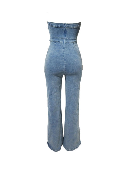 Strapless Flared Leg Denim Jumpsuit