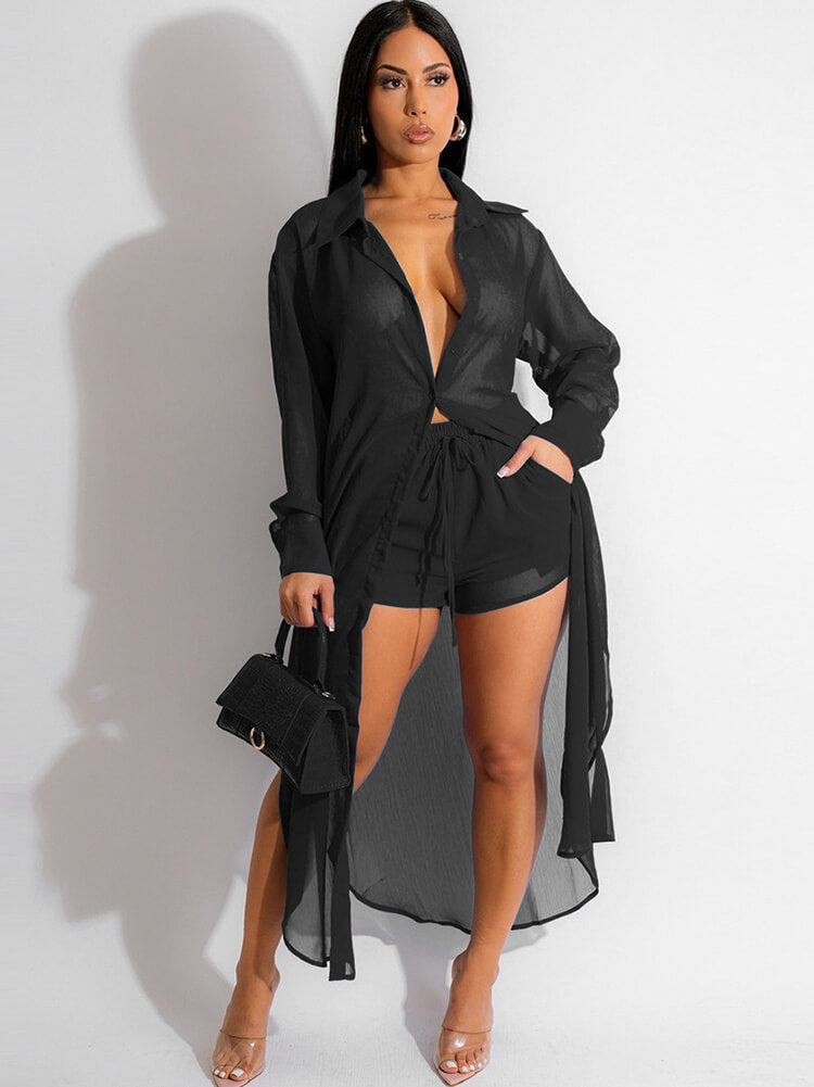 Tops y pantalones cortos de manga larga de gasa de dos piezas