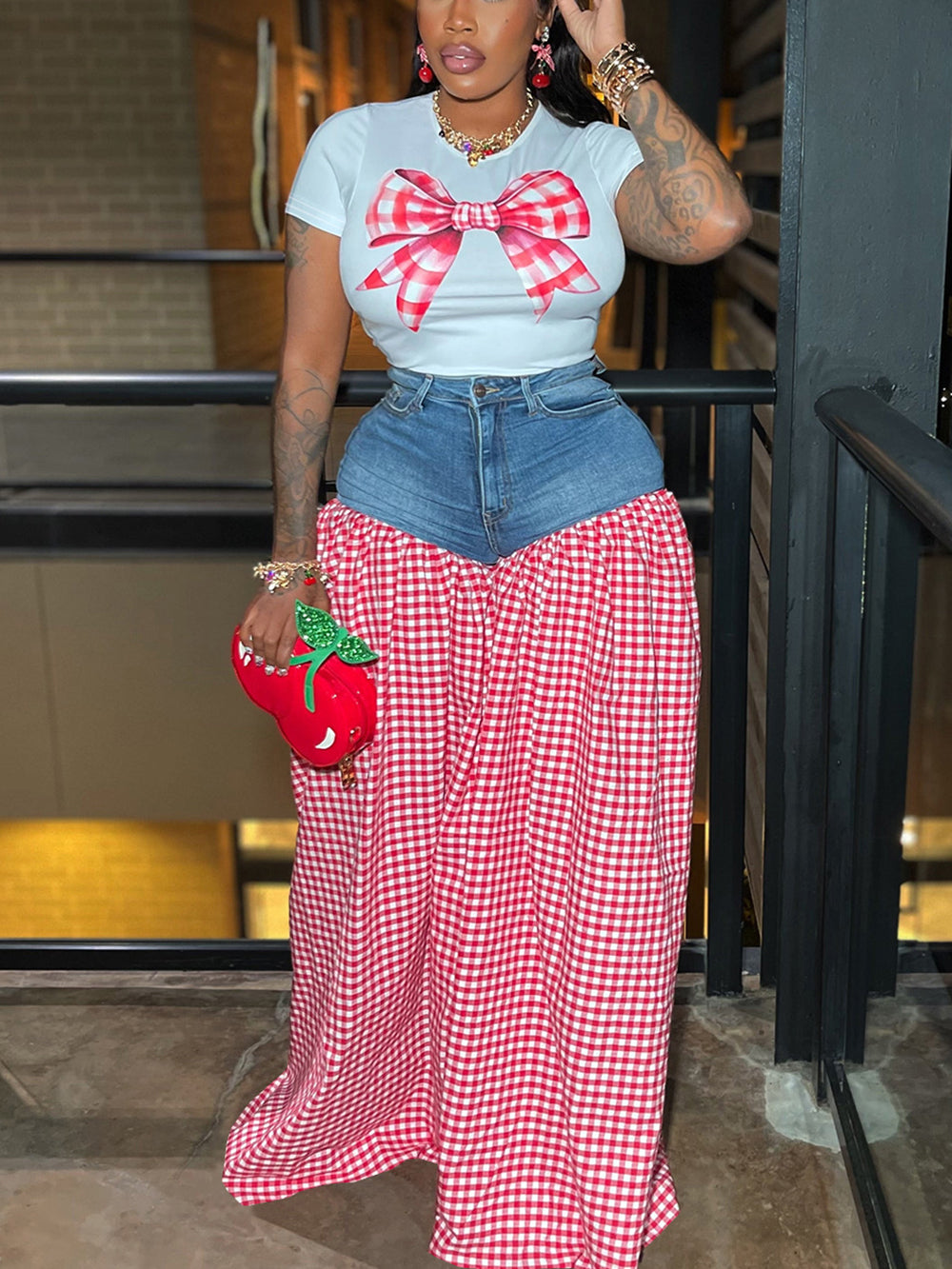 Bow Tie Print Top Denim Plaid Wide-Leg Pants Sets