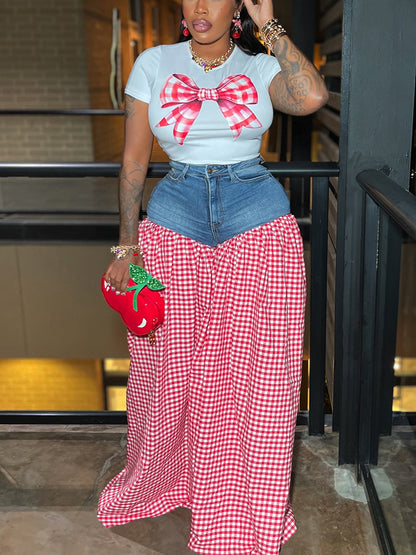 Bow Tie Print Top Denim Plaid Wide-Leg Pants Sets