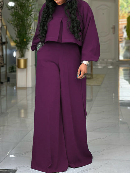 Plus Size Lantern Sleeve Wide Leg Pants Set