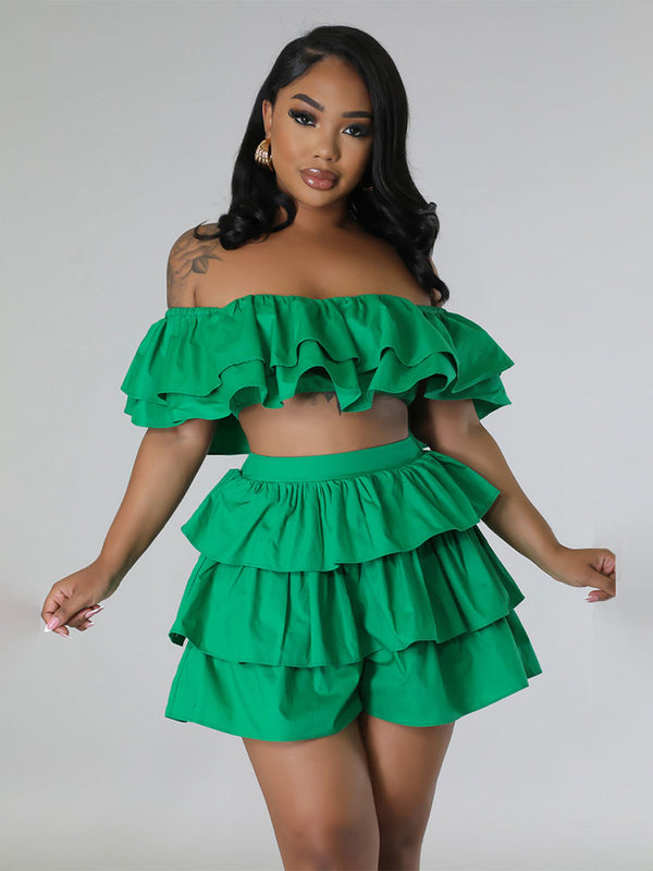 Ruffled Edge Bandeau Crop Top Shorts Set