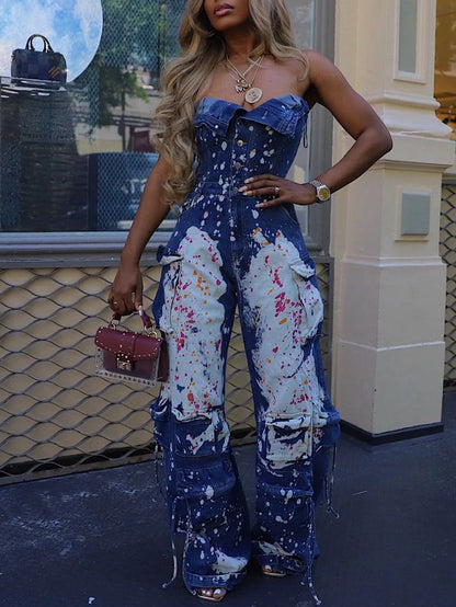 Strapless Color Paint Cargo Denim Jumpsuit