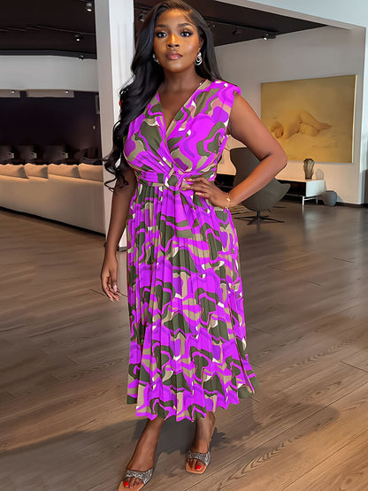 Sleeveless Printed Pleated Bodycon Maxi Dress