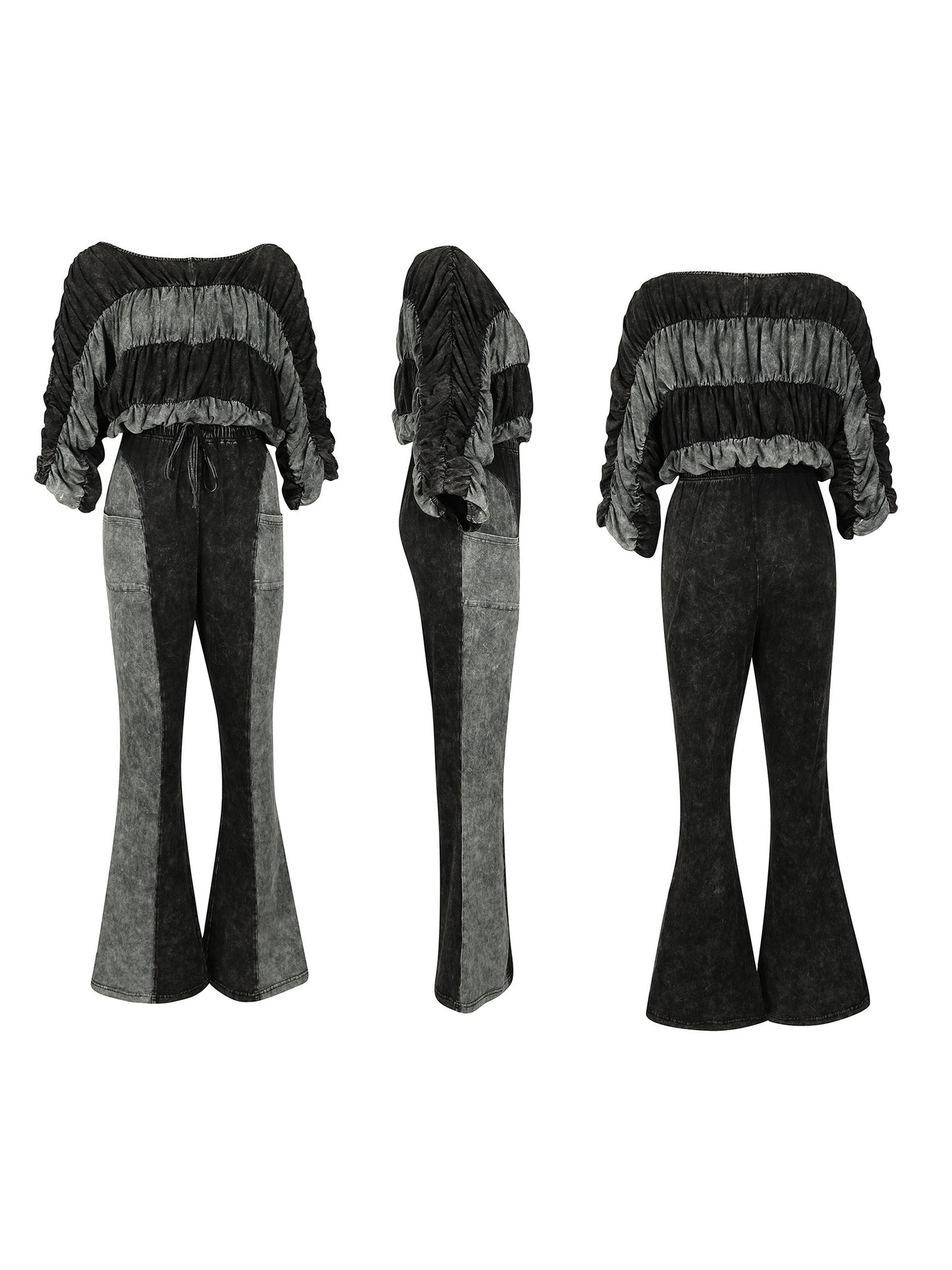 Two Pieces Solid Color Ruched Pants Set