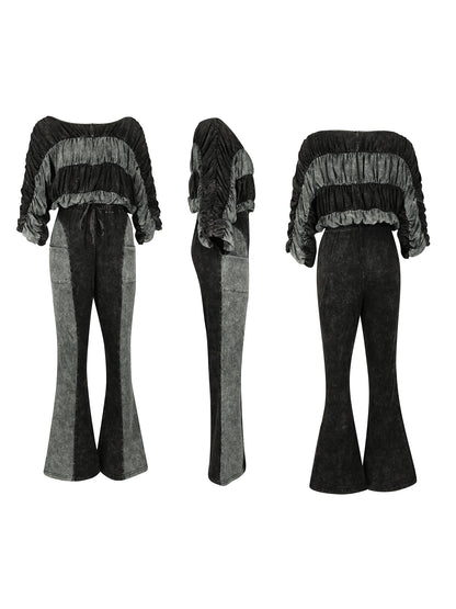 Two Pieces Solid Color Ruched Pants Set