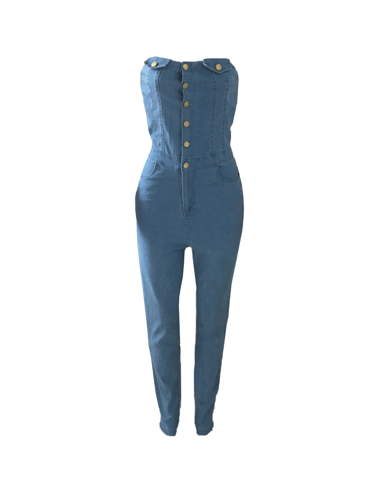 Strapless Button-Up Denim Jumpsuit
