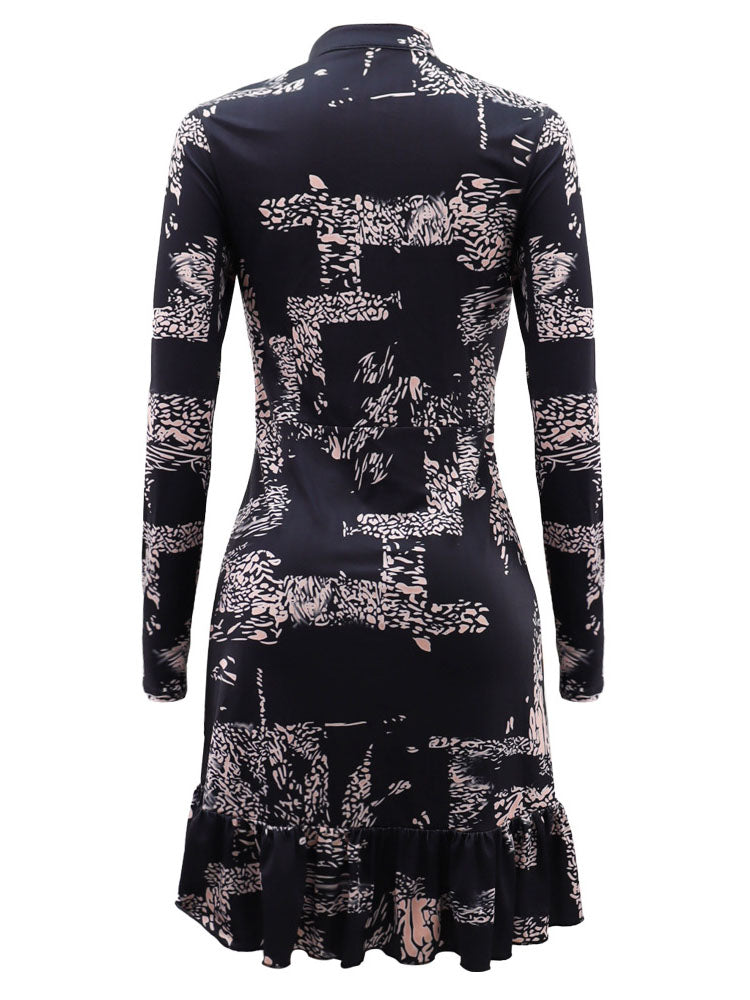 Long Sleeve Ruffle Hem Print Mini Dress