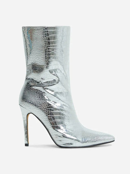 Metallic Pointed Toe Stiletto Ankle Boots