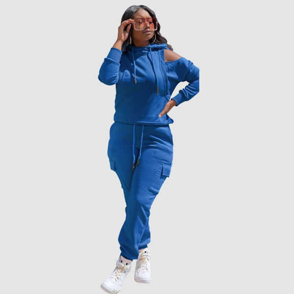 Off Shoulder Hoodies Pocket Patchwork Pant Set